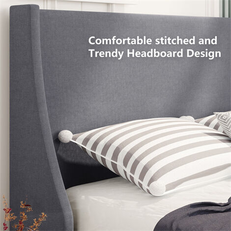 Upholstered Bed with Winged Headboard, Wood Slat Support, Single Bed, Linen, Grey