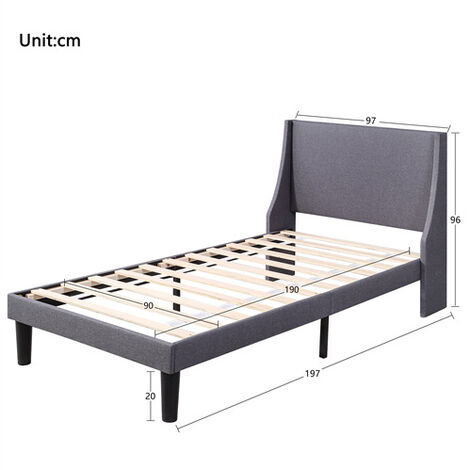 Upholstered Bed with Winged Headboard, Wood Slat Support, Single Bed, Linen, Grey