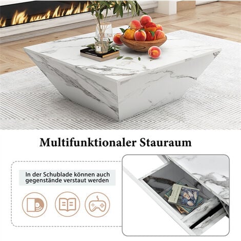 Marbling Veneer Coffee Table for Living Room with 2 Cabinet White Square Nesting Table Side Table