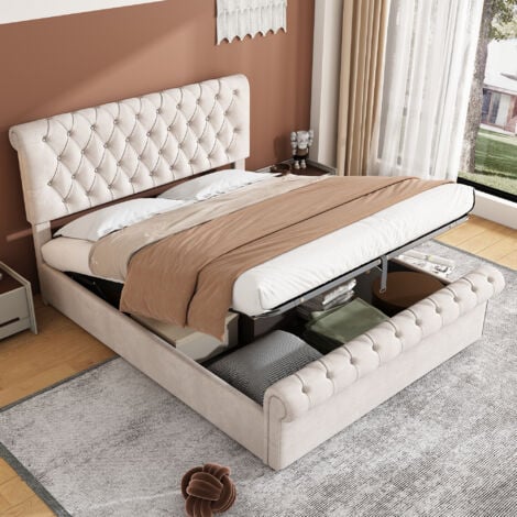 Upholstered Bed with Slatted Frame and Storage, Luxurious Velvet Button, Beige, Double Bed(4ft6,135×190)