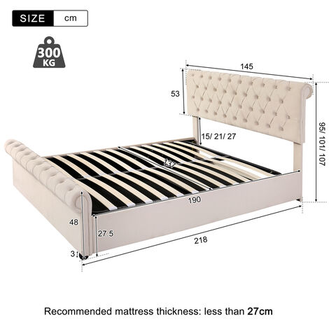 Upholstered Bed with Slatted Frame and Storage, Luxurious Velvet Button, Beige, Double Bed(4ft6,135×190)