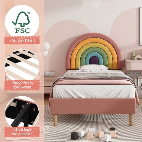 Upholstered Bed with Slatted Frame and Height Adjustable Headboard for Adults and Teenagers, Velvet, Pink, 90×190