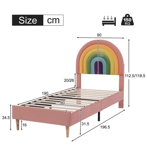 Upholstered Bed with Slatted Frame and Height Adjustable Headboard for Adults and Teenagers, Velvet, Pink, 90×190