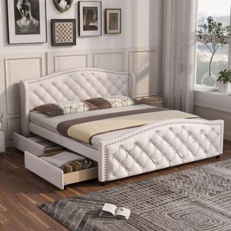 Upholstered Bed 135x190cm with Slatted Frame, 2 Drawers and Headboard with Pull Point Rivets, White