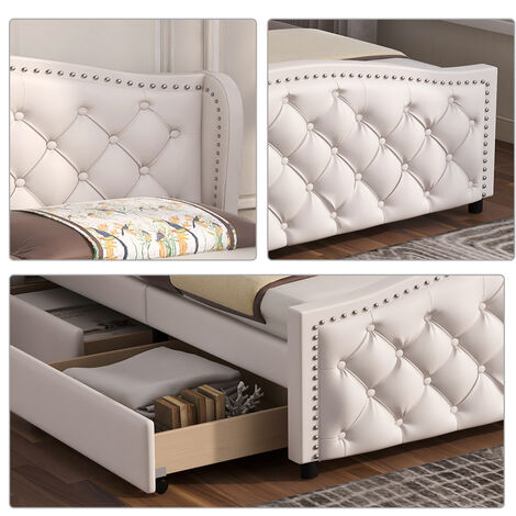 Upholstered Bed 135x190cm with Slatted Frame, 2 Drawers and Headboard with Pull Point Rivets, White