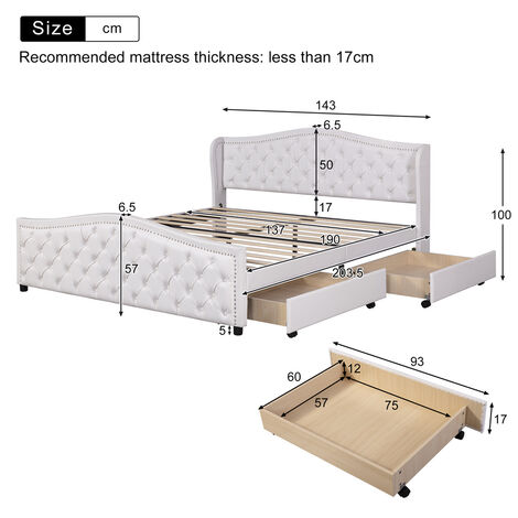 Upholstered Bed 135x190cm with Slatted Frame, 2 Drawers and Headboard with Pull Point Rivets, White