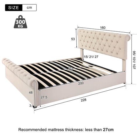 Upholstered Bed with Slatted Frame and Storage, Luxurious Velvet Button, Beige, King Bed(5ft, 150×200)