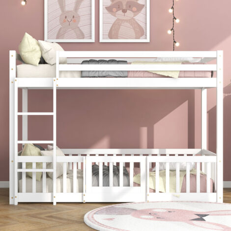 3FT Bunk Bed with Fences and Door, Children's Bed with Fall Protection and Railings, Solid Wood, White (190x90cm)