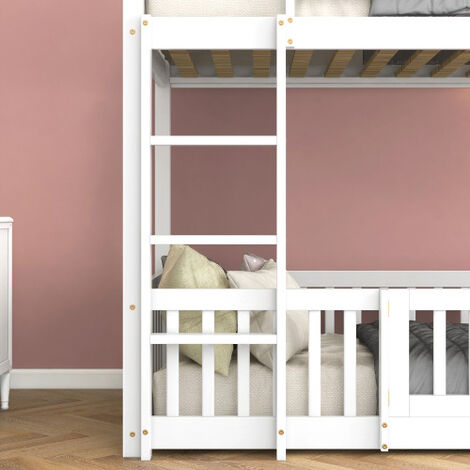 3FT Bunk Bed with Fences and Door, Children's Bed with Fall Protection and Railings, Solid Wood, White (190x90cm)