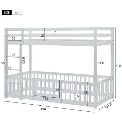 3FT Bunk Bed with Fences and Door, Children's Bed with Fall Protection and Railings, Solid Wood, White (190x90cm)