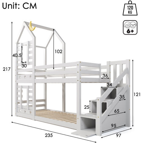 Bunk Bed Storage Children Cabin Bed Single Bed with Window for Kids, Twin Sleeper 190x90 cm, Solid Pine Wood, 3FT, White