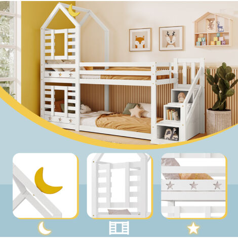 Bunk Bed Storage Children Cabin Bed Single Bed with Window for Kids, Twin Sleeper 190x90 cm, Solid Pine Wood, 3FT, White