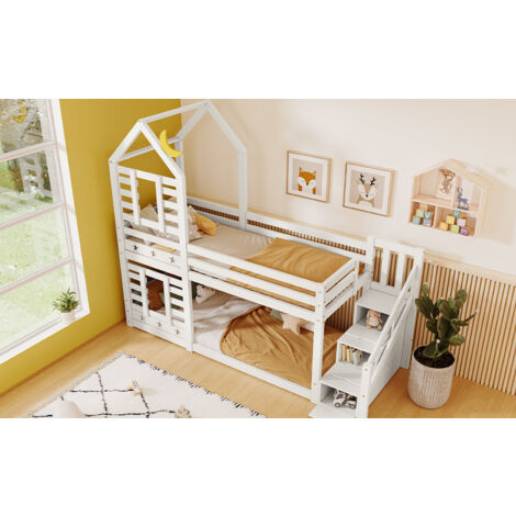 Bunk Bed Storage Children Cabin Bed Single Bed with Window for Kids, Twin Sleeper 190x90 cm, Solid Pine Wood, 3FT, White