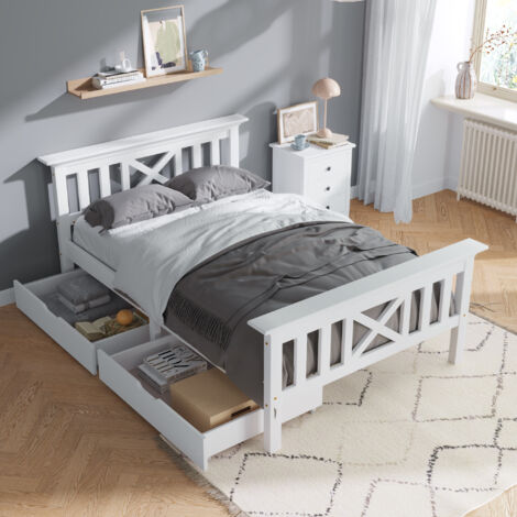 Wooden Bed Frame with Drawers Single Storage Bed Solid Pine Wood, 3FT Guest Bed For Adults, Kids, Teenagers(90x190cm)