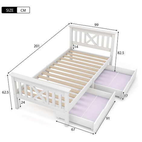 Wooden Bed Frame with Drawers Single Storage Bed Solid Pine Wood, 3FT Guest Bed For Adults, Kids, Teenagers(90x190cm)