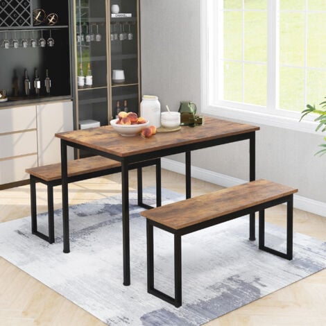 3-Piece Dining Table and Bench Set 4-Person Space-Saving Dinette for Kitchen Patio Outdoor, Brown