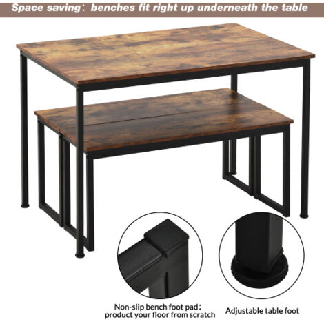3-Piece Dining Table and Bench Set 4-Person Space-Saving Dinette for Kitchen Patio Outdoor, Brown
