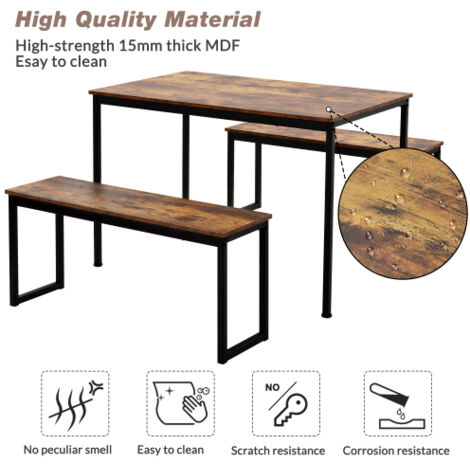 3-Piece Dining Table and Bench Set 4-Person Space-Saving Dinette for Kitchen Patio Outdoor, Brown