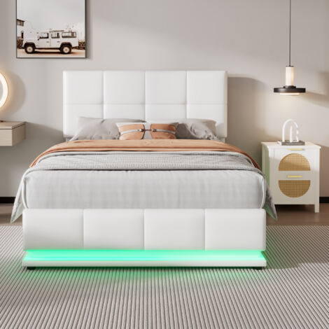 Ottoman Lift Storage Bed with LED Lighting, 4ft6 Double Size Bed Frame, for Bedroom Furniture, PU Faux Leather Upholstered Bed Frame(Without Mattress, White)