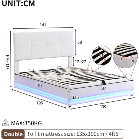 Ottoman Lift Storage Bed with LED Lighting, 4ft6 Double Size Bed Frame, for Bedroom Furniture, PU Faux Leather Upholstered Bed Frame(Without Mattress, White)
