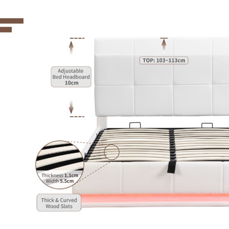 Ottoman Lift Storage Bed with LED Lighting, 4ft6 Double Size Bed Frame, for Bedroom Furniture, PU Faux Leather Upholstered Bed Frame(Without Mattress, White)