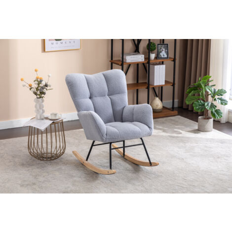 Mid Century Modern Teddy Fabric Tufted Upholstered Rocking Chair Padded Seat For Living Room Bedroom, Light Grey