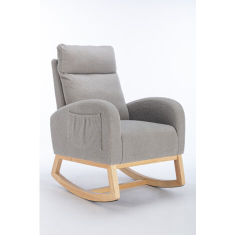 Mid Century Modern Teddy Fabric Upholstered Rocking Chair Padded Seat For Living Room Bedroom, Light Grey (1/5)