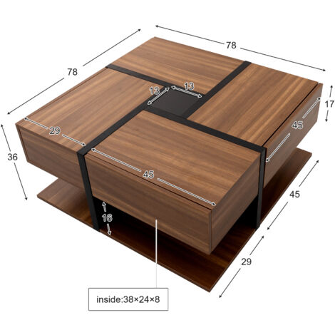Coffee Table, Table with 4 Drawers, Unique Color Matching and Line Design, Storage Space at the Bottom,78x78x36cm,Brown