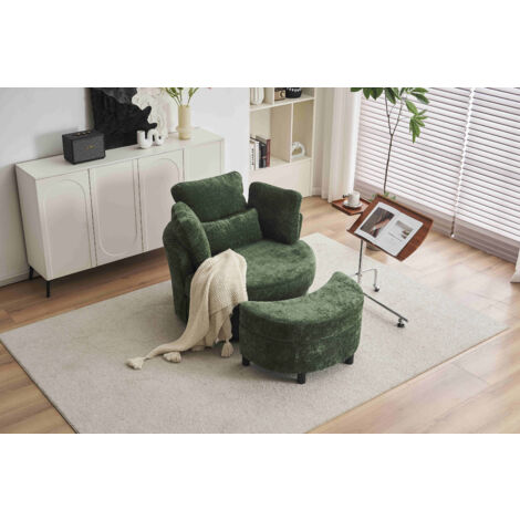 Chenille Swivel Armchair with 3 Back Cushion Pillow Ottoman Crescent Stool, Green (1/5)