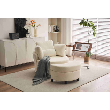 Chenille Swivel Armchair with 3 Back Cushion Pillow Ottoman Crescent Stool, Ivory