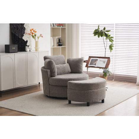 Chenille Swivel Armchair with 3 Back Cushion Pillow Ottoman Crescent Stool, Grey (1/5)