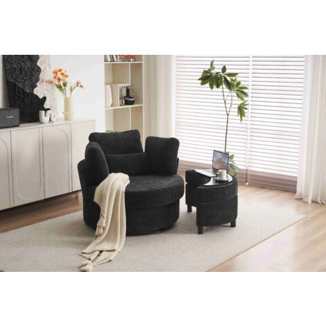 Chenille Swivel Armchair with 3 Back Cushion Pillow Ottoman Crescent Stool, Black (1/5)