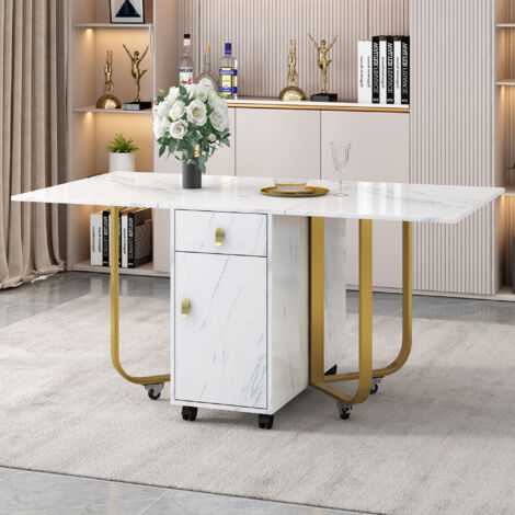 Folding dining table (1 piece) , folding kitchen utility table, with cupboard and 2 drawers 4 supporting legs on gliders (white/gold)