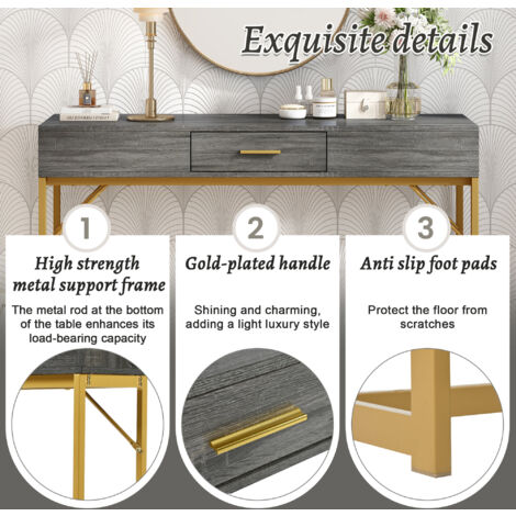 Console table, hallway table with 1 drawer, light luxury style side table, sofa table, 120x38x76 cm, gray/gold