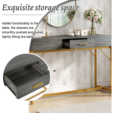 Console table, hallway table with 1 drawer, light luxury style side table, sofa table, 120x38x76 cm, gray/gold