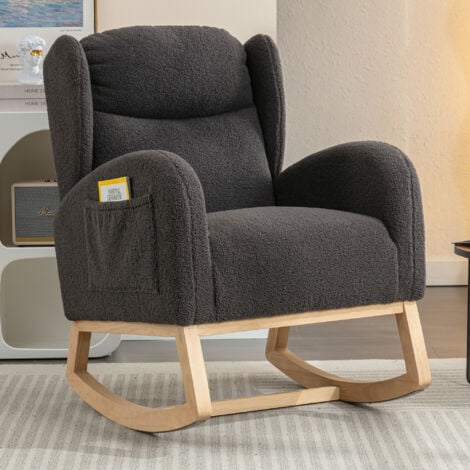 Modern Teddy Fabric Upholstered Rocking Chair Wingback Padded Seat For Living Room Bedroom Grey