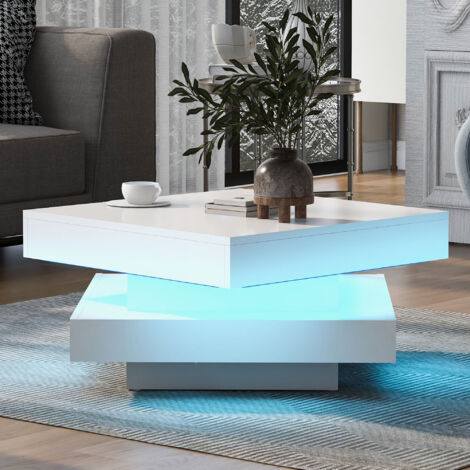 Square High Gloss Coffee Table with 360° Rotating Top, Tea Table with 16-Color LED light, 70x70x36 cm,White