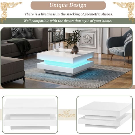 Square High Gloss Coffee Table with 360° Rotating Top, Tea Table with 16-Color LED light, 70x70x36 cm,White