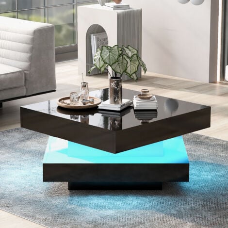 Square High Gloss Coffee Table with 360° Rotating Top, Tea Table with 16-Color LED light, 70x70x36 cm,Black