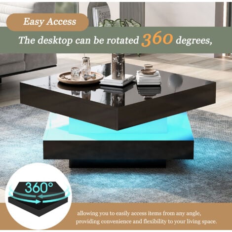 Square High Gloss Coffee Table with 360° Rotating Top, Tea Table with 16-Color LED light, 70x70x36 cm,Black