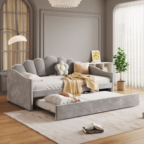 Upholstered Bed,Single Bed 90x190cm, Bottom with Trundle Bed 90x190cm, Daybed Sofa Bed, Youth Bed, Velvet, Grey