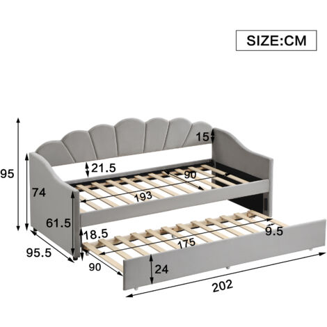 Upholstered Bed,Single Bed 90x190cm, Bottom with Trundle Bed 90x190cm, Daybed Sofa Bed, Youth Bed, Velvet, Grey