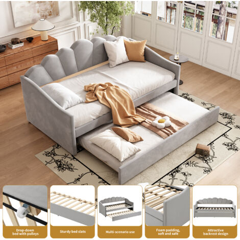 Upholstered Bed,Single Bed 90x190cm, Bottom with Trundle Bed 90x190cm, Daybed Sofa Bed, Youth Bed, Velvet, Grey