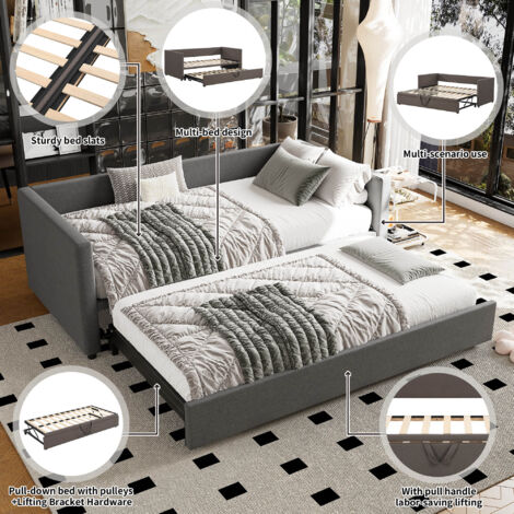 Upholstered Bed,Single Bed 90x190cm, Bottom with Bed 90x190cm, Can Be Joined into a Double Bed, Daybed Sofa Bed, Youth Bed, Linen, Grey