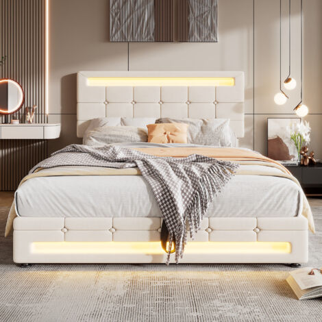 Upholstered bed, Hydraulic Bed, Adults Teenagers Double Bed, with 7colors LED-light strips, Velvet+Iron, 135x190cm,Beige