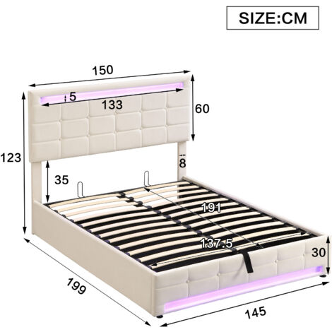 Upholstered bed, Hydraulic Bed, Adults Teenagers Double Bed, with 7colors LED-light strips, Velvet+Iron, 135x190cm,Beige
