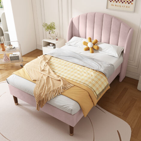 Upholstered Bed,Double Bed,with Slatted Frame and Headboard, Youth Bed, Wooden Slatted Support, Easy Assembly, 135x190cm,Velvet, Pink