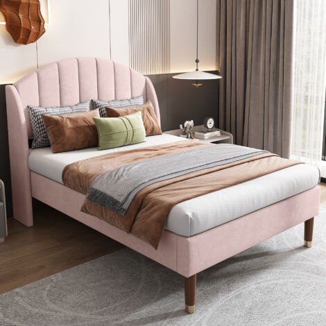 Upholstered Bed,Double Bed,with Slatted Frame and Headboard, Youth Bed, Wooden Slatted Support, Easy Assembly, 135x190cm,Velvet, Pink