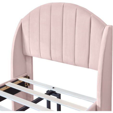 Upholstered Bed,Double Bed,with Slatted Frame and Headboard, Youth Bed, Wooden Slatted Support, Easy Assembly, 135x190cm,Velvet, Pink