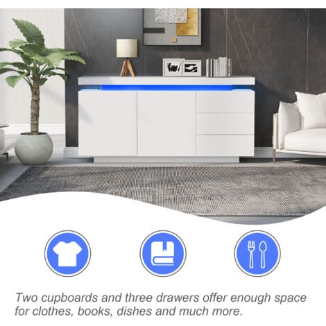 Sideboard with 16-Colour LED Lights, Side Cabinet Standing Cabinet Chest of Drawers, High Gloss Sideboard for Living Room, White